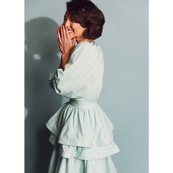 Buru Sweetheart Neck Balloon Sleeve Stripe Smocked Bustier Crop Top NWT Aqua - Picture 3 of 16